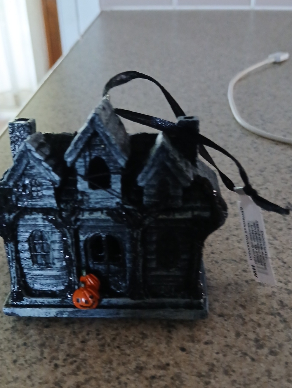Cracker Barrel Haunted House Ornament with Orange Pumpkin